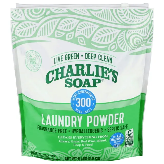 Charlie's Soap - Natural Laundry Detergent Powder (300 Load) - Hypoallergenic Laundry Detergent for Sensitive Skin - Eco Friendly Plant Based Ingredients - (Unscented, 1 Pack)