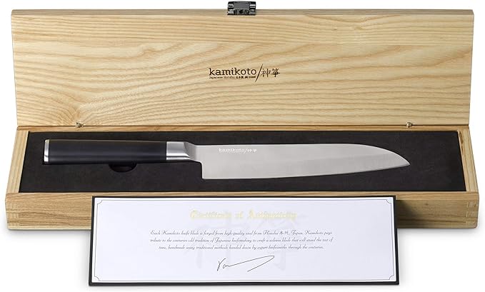 Kamikoto 7-inch Knife, Kuro Series Santoku, Double Beveled Blade Single 7” Chef