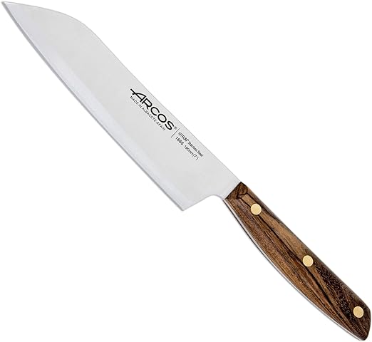 ARCOS Santoku Knife 7 Inch Stainless Steel. Japanese Kitchen Knife for Fish, Meat and Vegetables. Ovengkol Wood Handle 100% natural FSC and 190mm Blade. Series Nordika. Color Brown.