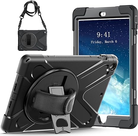 iPad Air Case 1st Generation 2013, TSQ iPad Air 1 Case Heavy Duty Shockproof, Military Grade Rugged Protective Case w/Rotating Stand Hand Shoulder Strap for iPad Air 9.7 Inch A1474/A1475/A1476-Black