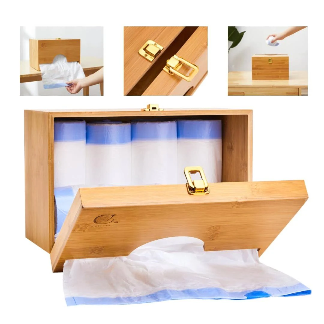 Large Bamboo Trash Bag Dispenser, Wall Mounted Bag Organizer Dispenser, Kitchen Countertop or Undersink Garbage Storage, Bamboo Organizer for Home, Wood Kitchen Storage Box with Gold Hardware
