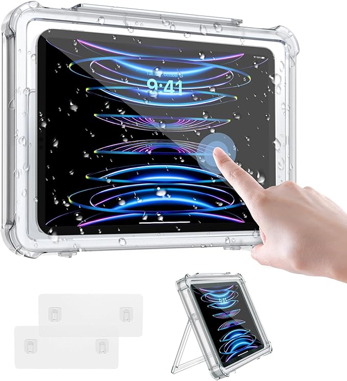 MoKo Shower Tablet Holder, Waterproof Shower iPad Holder Wall Mount Up to 11", 360°Rotation Bathroom Tablet Holder with Touchable Anti-fog Screen, 2 Placement Modes, Fit for iPad 10/Pro 11 2022, Clear