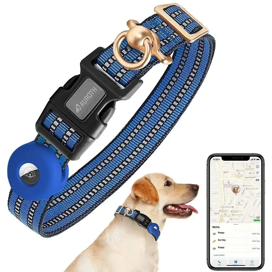Auroth Airtag Dog Collar, Adjustable Air Tag Case Holder Dog Collar for Medium Large Dogs, Airtag Dog Collar Holder with Heavy Duty D Ring Tangle Free