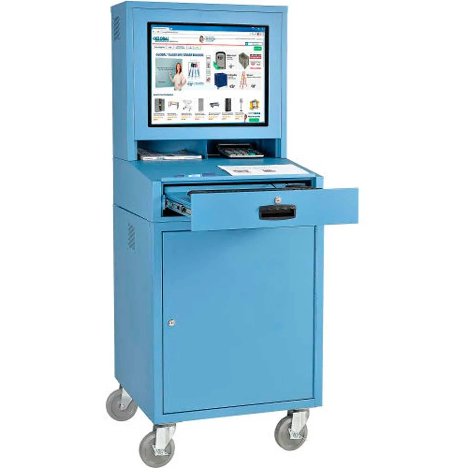 Global Industrial Mobile Security LCD Computer Cabinet Enclosure, Blue, 24-1/2"W x 22-1/2"D x 62-3/4"H
