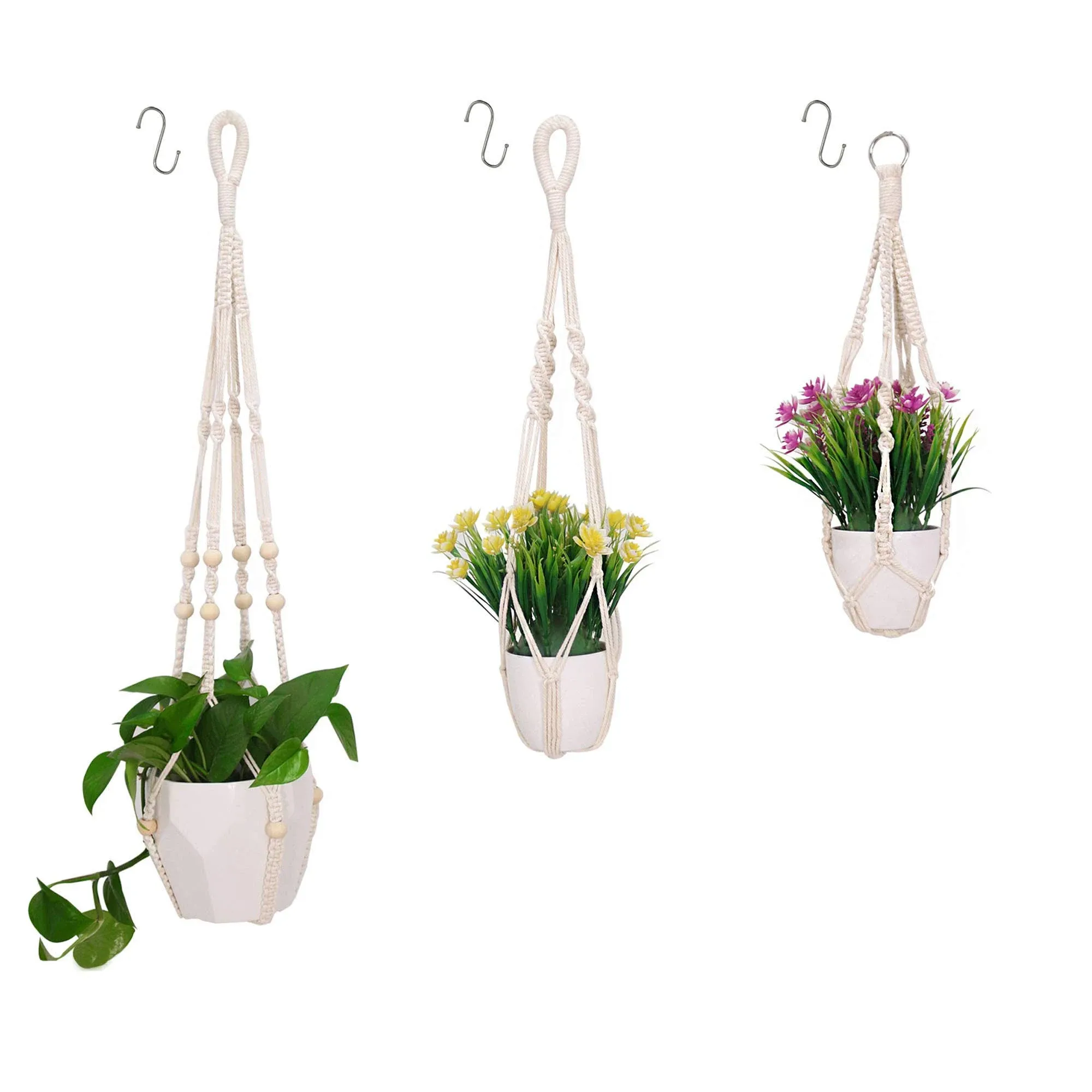 Clelo 3 Packs Macrame Plant Hangers with 3 Hooks Handmade Hanging Planters Basket ...