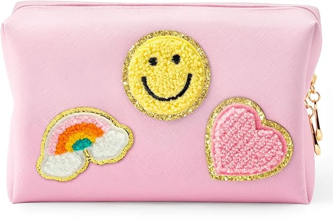 LieToi Preppy Patch Small Toiletry Bag Smile Lightning Heart PU Leather Portable Waterproof Makeup Cosmetic Bag Daily Use Storage Purse Travel Organizer Compliant Bag for Women Girls Gift (Pink)