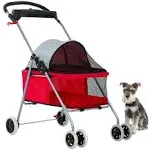 Bestpet Pet Stroller 4 Wheels Posh Folding Waterproof Portable Travel Cat Dog Stroller with Cup Holder (Red)