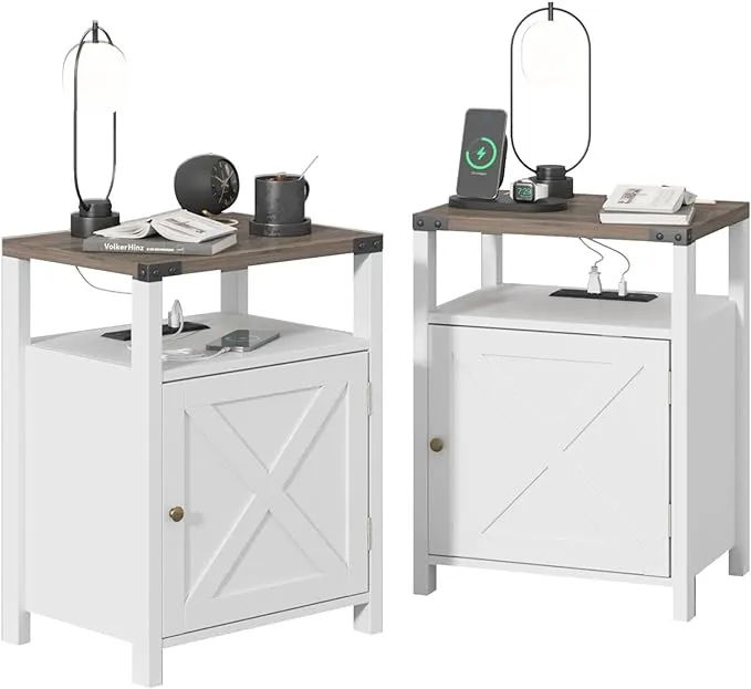 Fameill Nightstands Set of 2, Night Stand with Charging Station, Bed Side Table with Storage Cabinet, Farmhouse End Table for Living Room with USB por