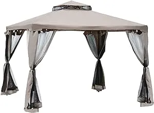 Outsunny 10' x 10' Gazebo Tent, Canopy with Mosquito Netting SideWalls, 2-Tier Vented Roof, Fabric for Garden, Lawn, Backyard, Taupe | Aosom.com
