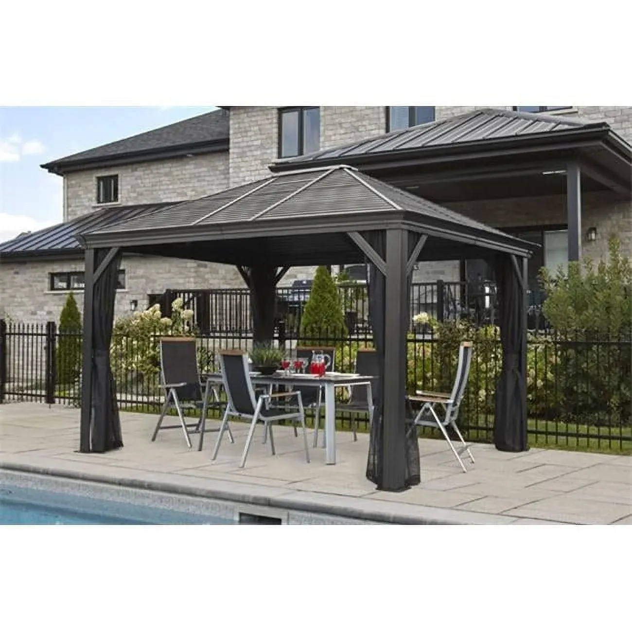 Sojag 10' x 12' Mykonos Double Roof Hardtop Gazebo Outdoor Weather-Resistant Aluminum Frame Sun Shelter Dark Grey