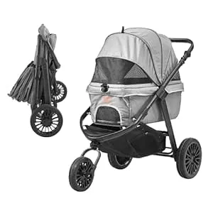 Pet Stroller, 3 PU Wheels Dog Stroller Rotate with Brakes, 75 lbs Weight Capacit