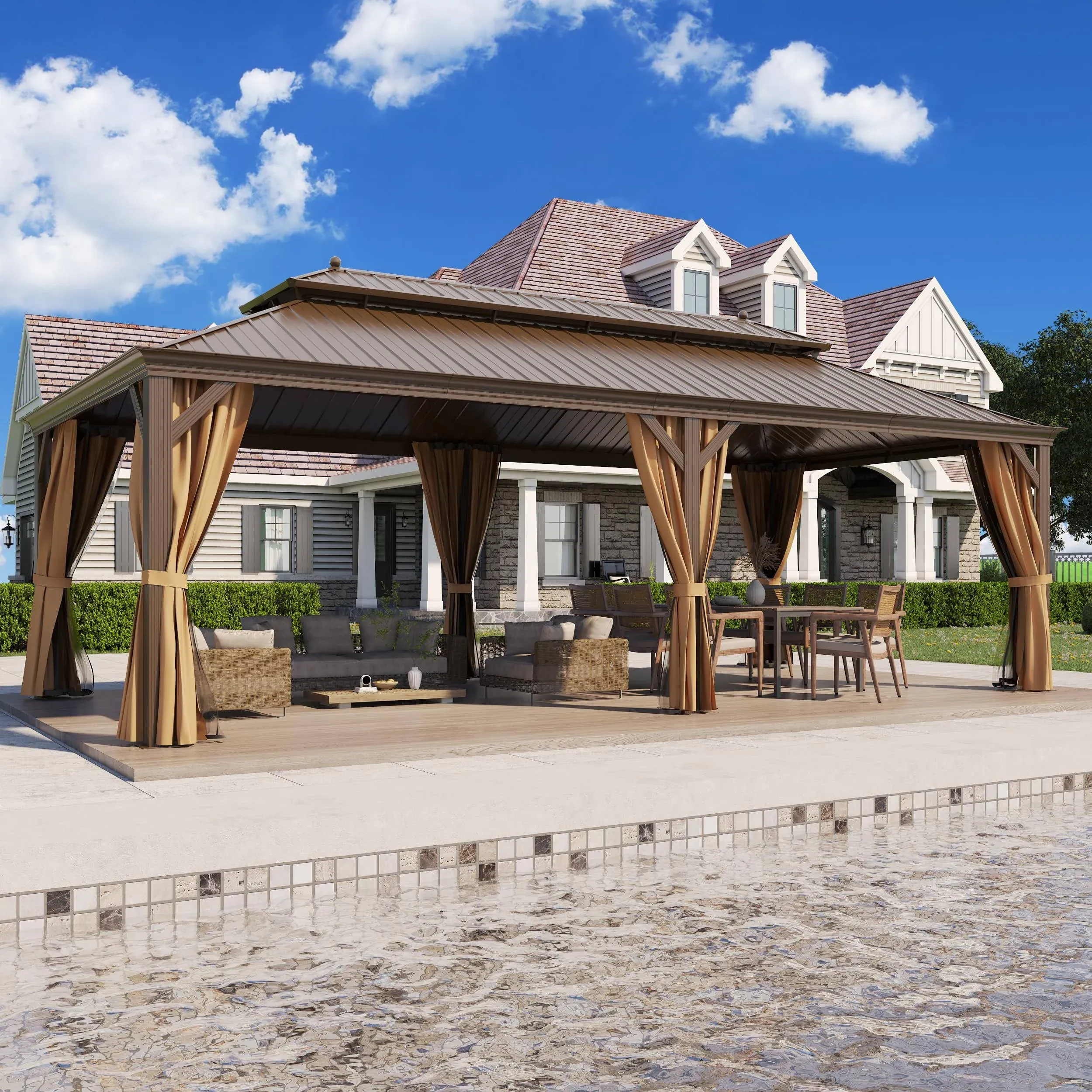12'x24' Hardtop Gazebo Outdoor Aluminum Patio Gazebo Double Roof Galvanized Steel Gazebo Canopy with Netting and Curtains,for Garden Patio,Patio