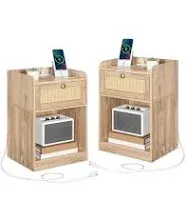 Nightstand with Charging Station, Side Table with Rattan-Style Drawer and Storage Shelf, Modern Rattan Night Stand with 2 USB Ports, Boho End Table Bedside Table for Bedroom, Natural MBZ01UWO