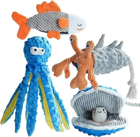 Nocciola 4 Pcs Crinkle Squeaky Dog Toys , Blue Octopus Dog Toy , Ocean Theme Stuffed Dog Toys, Interactive Rope Dog Toys for Small, Medium & Large