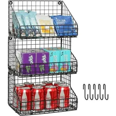 X-cosrack 3-Tier Stackable Detachable Snack Organizer (Large Size), Countertop Display/Wall Mounted Shelf with 5 Hooks Wire Basket Snack Shelf for Office Cabinets, Kitchen, Pantry, 11.8x7.8x22 Inch