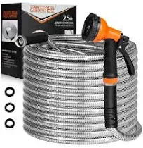 HDKing Garden Hose 75 FT - Flexible Metal Hose with 10 Function Nozzle, Kink Free, Lightweight, Durable, Crush Resistant Fitting, Easy to Coil, Puncture Proof Hose for Yard, Rv, 600 PSI - 2024 Model