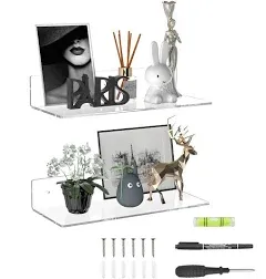 15 Inches Clear Acrylic Shelves, Wall Mounted Shelves for Bedroom, Wall Display Shelves for Collectibles, Funko Pop, Speaker, Plants, 2 Pack