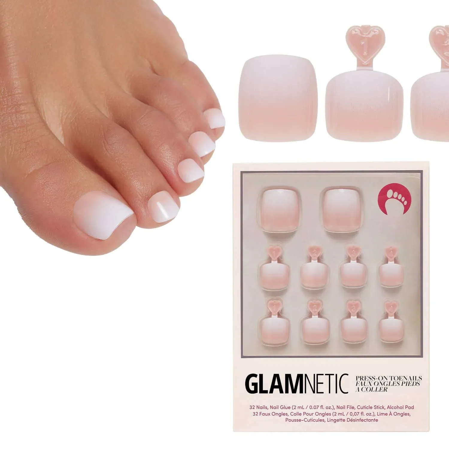 Glamnetic Press On Toenails Creamer | Neutral Nude and White Ombre Fake Toe Nails with A Glossy Finish | 16 Sizes 32