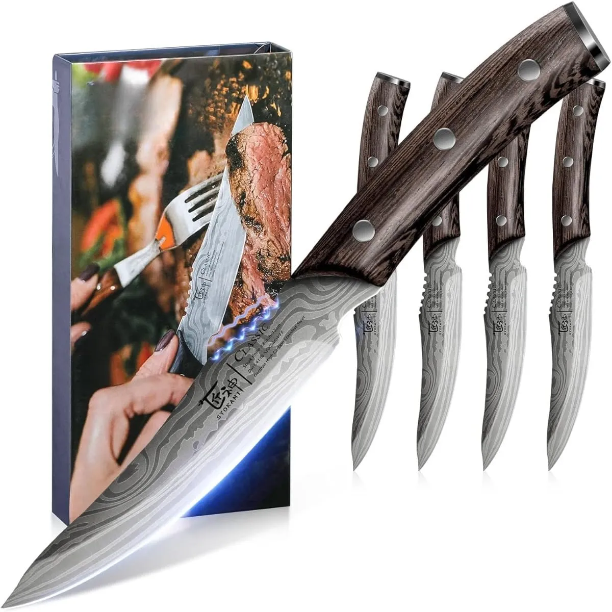 SYOKAMI Steak Knives Set Of 4 4.8 Inch High-Carbon Japanese Stainless Steel Non-serrated Meat Knife With Wood Handle