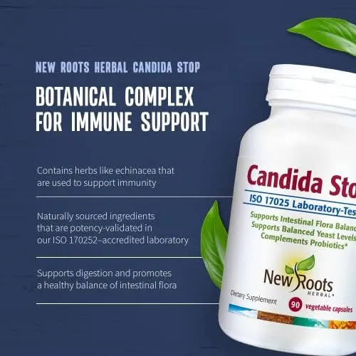 New Roots Herbal Candida Stop Support Balanced Intestinal Flora, Oregano, Echinacea, Botanical Complex for Men and Women