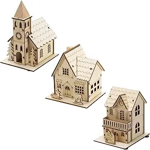 Junger 3-Pieces LED Christmas Village Houses Set Christmas Wooden DIY Unfinished Puzzle Christmas Luminous House Decoration Santa Claus Festival Decoration Wooden Crafts Home Desktop Decoration