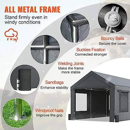 VEVOR Carport, Heavy Duty 12x20ft Car Canopy, Outdoor Garage Shelter with Removable Sidewalls, Roll-Up Ventilated Windows & Do