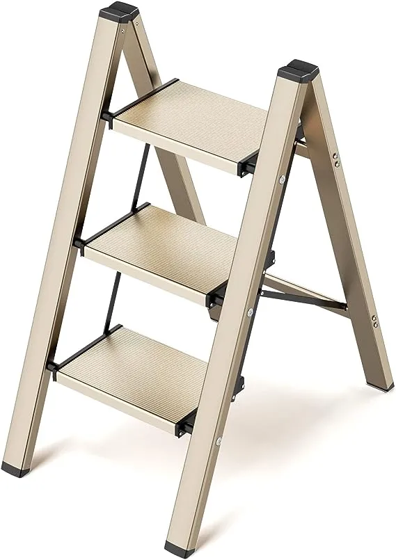 Culaccino 3 Step Ladder, Aluminum Folding Step Stool with Wide Anti-Slip Sturdy Pedal, Portable Lightweight Step Stool Multi-Use for Kitch