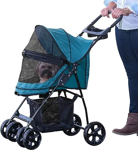Pet Gear No-Zip Happy Trails Lite Pet Stroller for Cats/Dogs, Zipperless Entry, Easy Fold with Removable Liner, Safety Tether, Storage Basket + Cup Holder, 4 Colors
