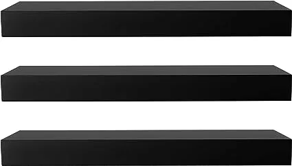 Kiera Grace Set of Three Maine Simple & Classic Decorative Engineered Wood Floating Wall Shelves for Home, Room, & Office, 16" L x 5" W x 1.5" H, Black