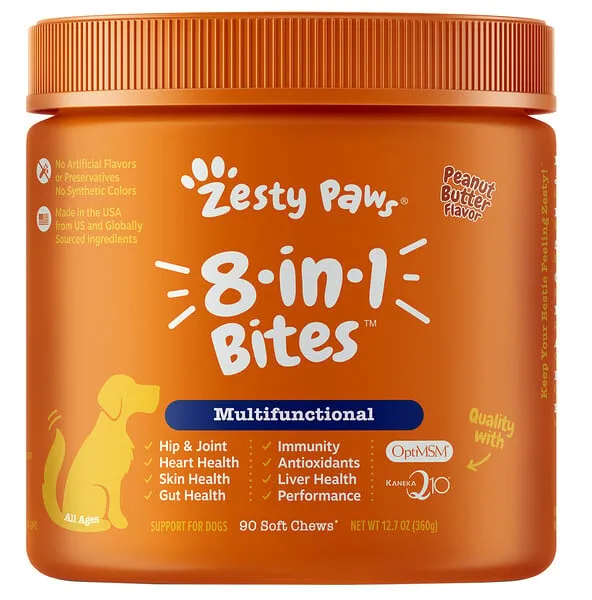 Zesty Paws Core Elements,犬用 8 合 1 零食,多用途,全年龄段,花生酱味,90 片软咀嚼片