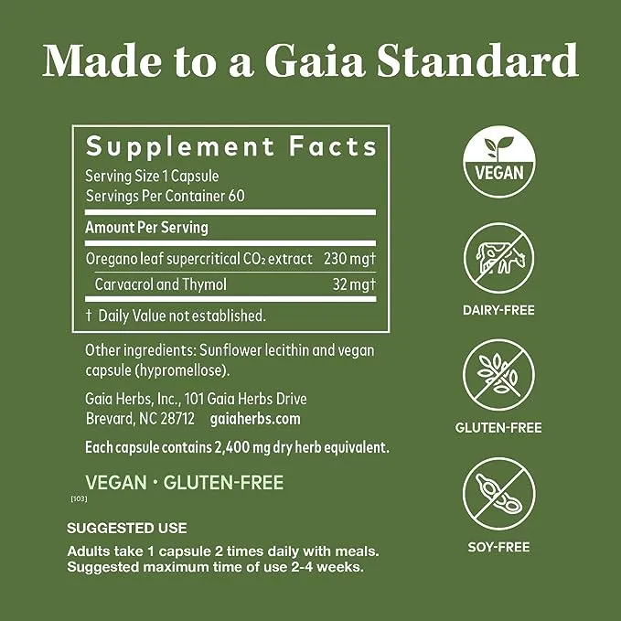 Gaia Herbs Oil of Oregano - Immune and Antioxidant Support Supplement to Help Sustain Overall Well-Being - with Oregano Oil, Carvacrol, and Thymol - 60 Vegan Liquid Phyto-Capsules (30-Day Supply)