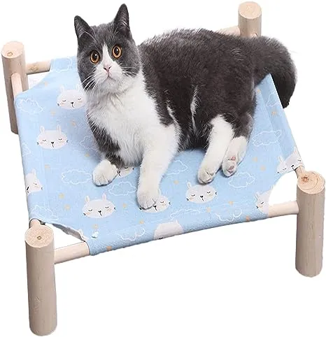 Cat Bed and Cat Hammock Bed, Small Dog Wooden Elevated Cat Bed, Pine Wood, Breathable Outdoor Cat Bed for All Seasons, Elevated Pet Sleeping for Indoor, Cat Cots Furniture Pet Bed Bunny Bed(Gray Grid)