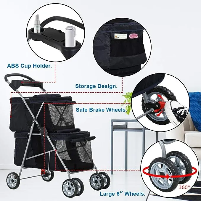 BestPet Dog Stroller Cat Pet Carriers Bag Jogger for Small Medium Dogs Cats Travel Camping 4 Wheels Lightweight Waterproof Folding Crate with Soft Pad (Black)