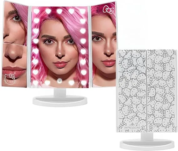 Impressions Vanity · Company Impressions Vanity Hello Kitty Trifold LED Mirror, Desk Mirror with Lights and Touch Sensor Dimmer, Lighted Makeup Mirror