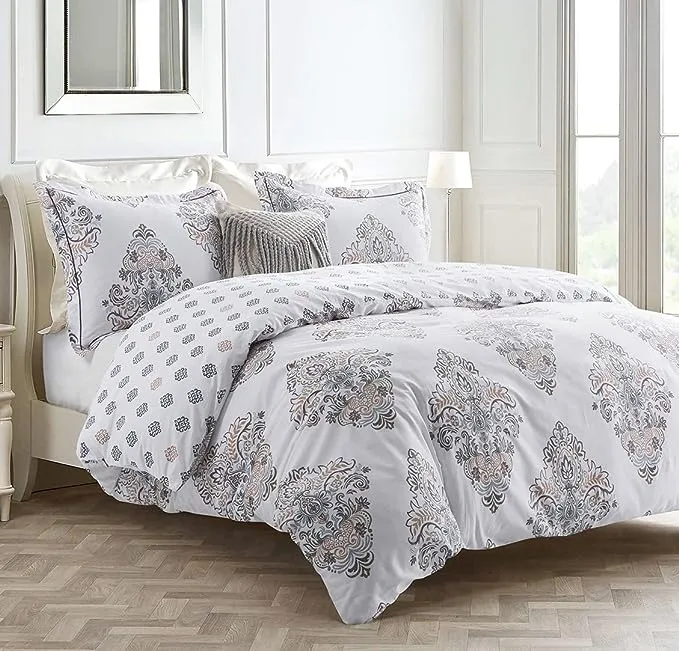 SLEEPBELLA Duvet Cover Queen Size, 600 Thread Count Cotton Yellow & Blue Flowers Printed on Off-White Luxury Floral Comforter Cover Sets, Bedding Set 3Pcs (Queen, White Floral)