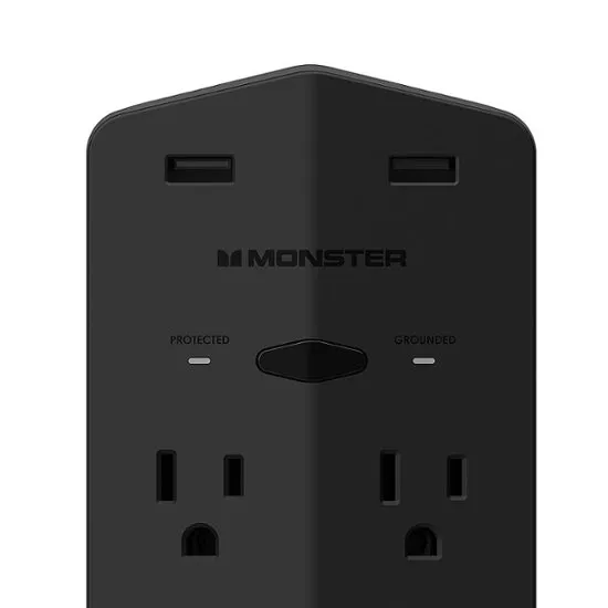 Monster Power Shield: Magnetic Wall Outlet Extender, Multiple Plug Outlet with 2 AC Outlets, 3 USB-A Ports, & 1 USB-C Port (20W)
