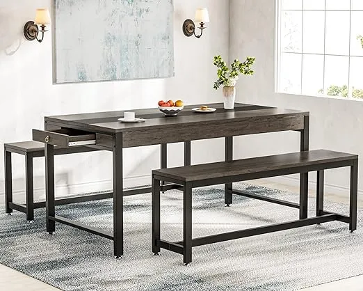 Tribesigns 63 Inch Large Dining Table Set for 4 to 6, Kitchen Breakfast Table with 2 Benches & Sided Drawer, 3-Piece Modern Industrial Bar Table Furniture for Dining Room, Gray Brown & Black
