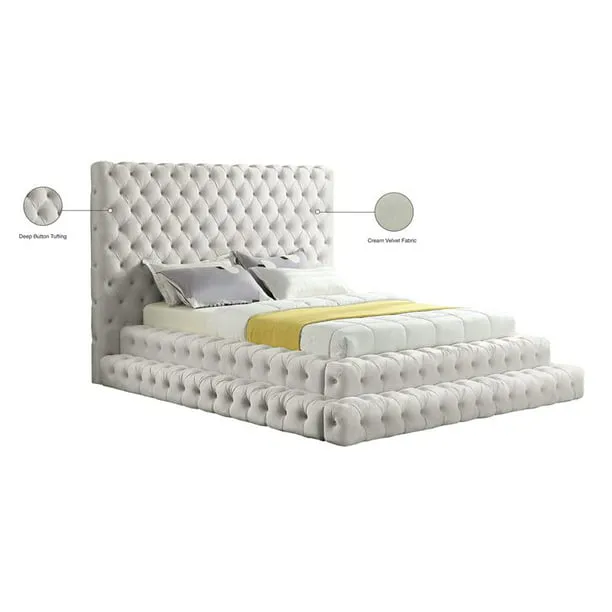 Revel Cream Velvet Queen Bed (3 Boxes)