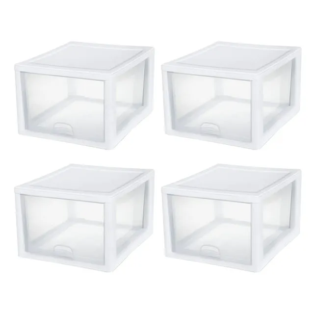 Sterilite 27 Qt. Clear & White Plastic Storage Bin with One Drawer (4 Pack)