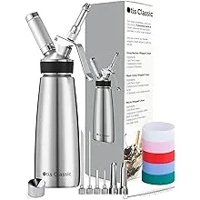 Whipped Cream Dispenser Stainless Steel - Professional Whipped Cream Maker - Gourmet Cream Whipper - Large 500ml / 1 Pint Canister - 3 Decorating Nozzles, 4 Injector Tips and 5 Colored Silicone GripsWhipped Cream Dispenser Stainless Steel - Professional…
