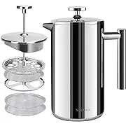 Secura French Press Coffee Maker, 304 Grade Stainless Steel Insulated Coffee Press with 2 Extra Screens, 17oz (0.5 Litre), Silver