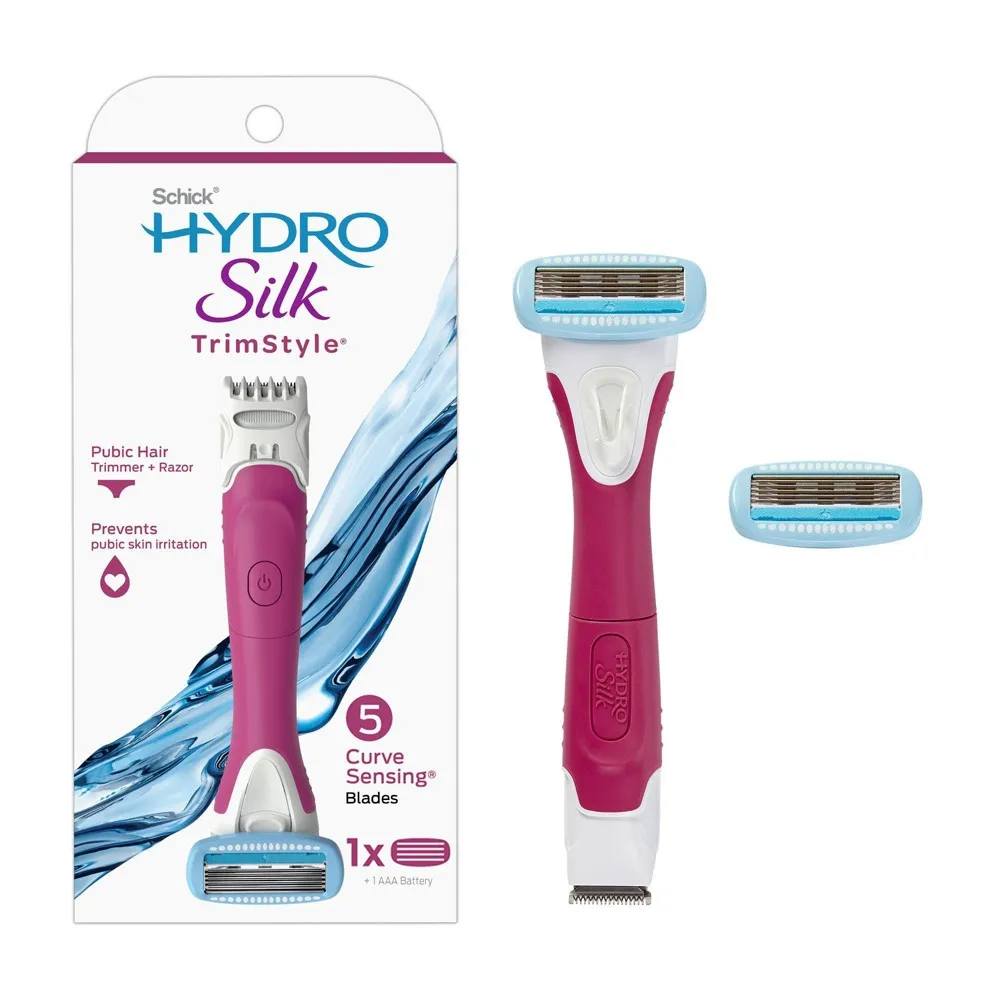 Schick Hydro Silk TrimStyle Razor for Women with Bikini Trimmer | 5-Blade Womens Razor with Trimmer, 2-in-1 Waterproof Pubic Hair Trimmer & Razor | 1 Handle & 3 Razor Blade Refills