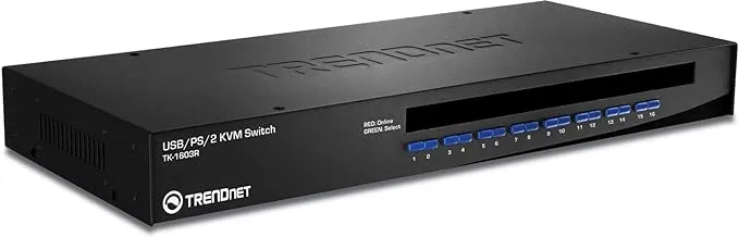 TRENDnet 16-Port Rack Mount USB KVM Switch, VGA and USB Connection, Supports USB and PS/2, Auto-Scan, Device Monitoring, Audible Feedback, Plug and Play, Hot Pluggable, Rack Mountable, Black, TK-1603R