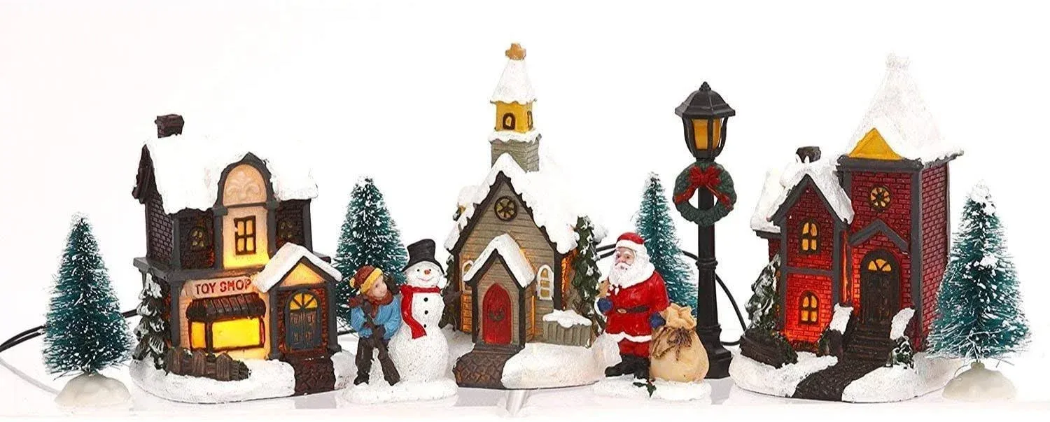 One Holiday Way Miniature LED Lighted 10-Piece Christmas Village Scene with Santa - Small Decorative Mini Light Up Tabletop Mantel Shelf Xmas Winter Decorations Home Decor