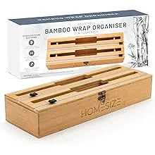 HOMESIZE Adjustable Wrap Organizer - Fits up to 15 inch Standard Rolls | Kitchen Storage & Organization | Plastic Wrap Dispenser with Improved Cutter | Robust Natural Bamboo | 2 in 1 Dispenser |