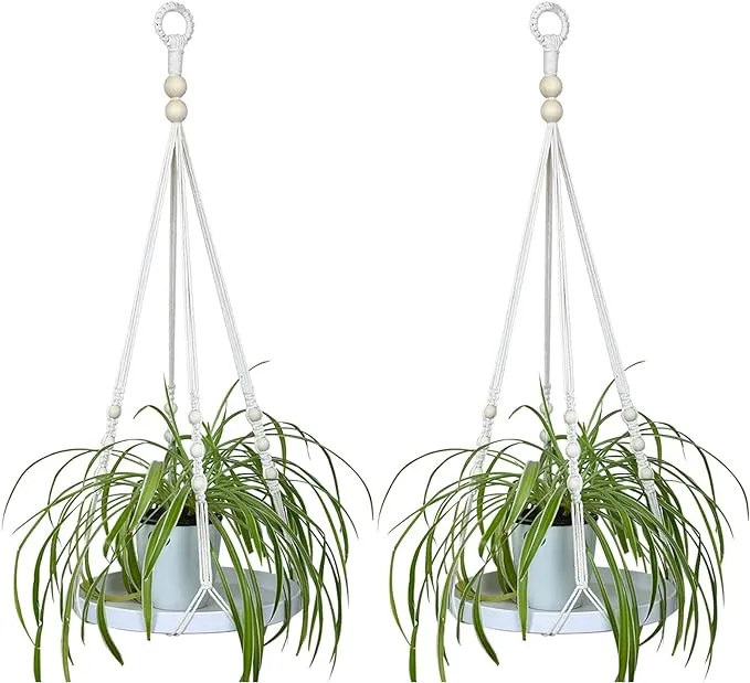 Macrame Plant Hanger- 2PACKS Boho Hanging Planter - 2packs-white With Beads