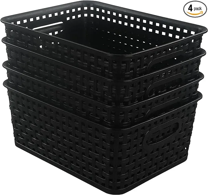 Morcte Black Plastic Storage Basket Bins Organizer, 4-Pack