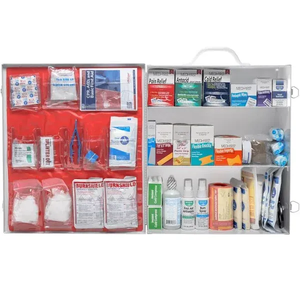 MFASCO OSHA Compliant First Aid Kit - Large, Commercial 3-Shelf Metal Cabinet for Businesses, Wall Mountable with First Aid Box Refill for Office - ANSI Standard 2021 First Aid Kits, Class B Fill