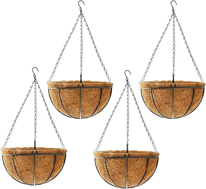Toocmeuk Hanging Plant Basket Flower Holder (4Pack, 14 Inch)-Metal Wire Round Hanging Basket Planter with Coco Fiber Liners for Plants Flower Pots