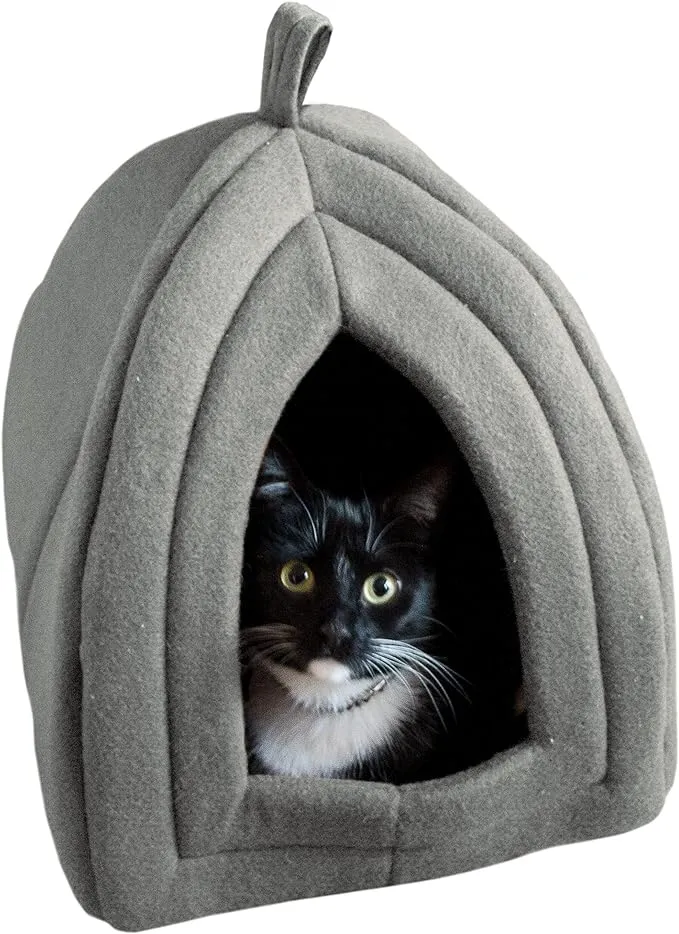 Cat Pet Bed Igloo- Soft Indoor Enclosed Covered Tent/House for Cats Kittens and Small Pets with Removable Cushion Pad by PETMAKER (Tan)